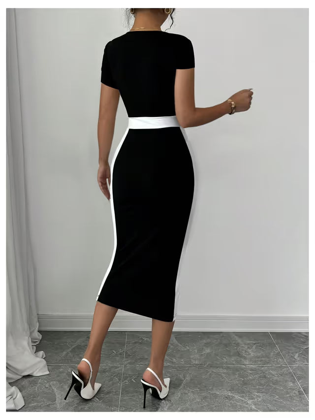 Women’s Square Neck Bodycon Midi Dress Colourblock Short Sleeve - Black/White S