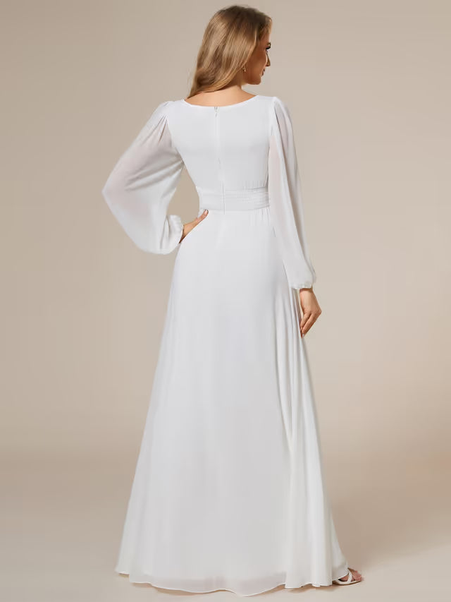 Bridesmaid Dress Women A-Line Chiffon Round Neck – White 10