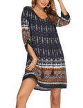 Zeagoo Women's Dress Summer Linen Dresses Casual V Neck Midi Dress 3/4 Sleeve A-line Dress Sundress Tunic Dress XL Dark Blue