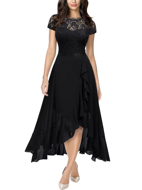 MIUSOL Women's Elegant Floral Lace Ruffle Evening Maxi Dress – Black X-Large