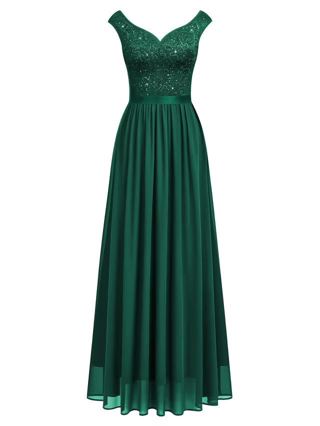 Women's Double V Neck Sequin Lace Chiffon Evening Maxi Dress – Dark Green L