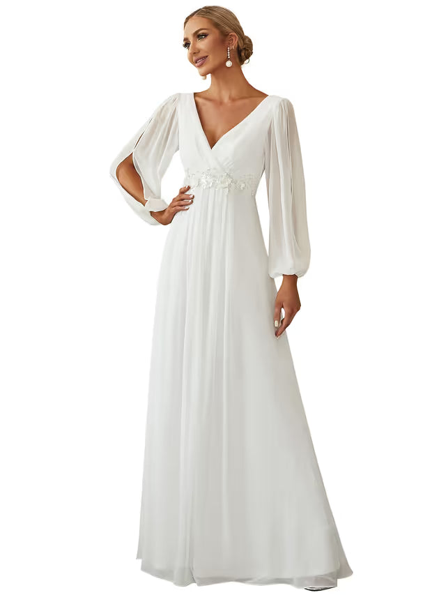 Ever-Pretty Elegant A-Line Appliqué V-Neck Pleated Long Sleeve Dress – Cream 22UK