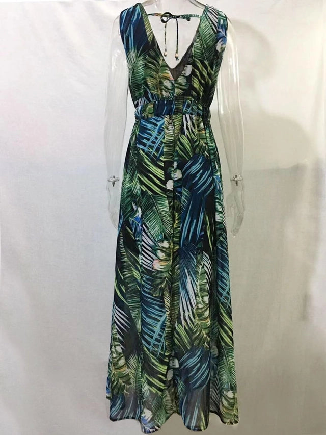 Floral Sleeveless Maxi Dress Women's Size 2XL Multicolor Drawstring Backless