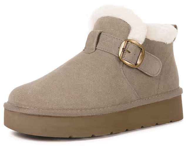 Women’s Fur‑Lined Ankle Snow Boots Warm Slip‑On Zip Flat – Apricot UK 7.5