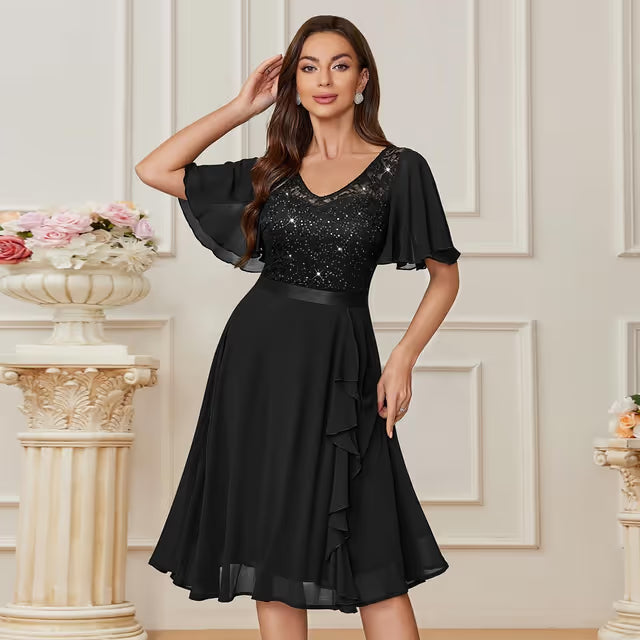 Miusol Cocktail Swing Dress Women's 2XL Black Short Sleeves Ruffle Lace Sequins