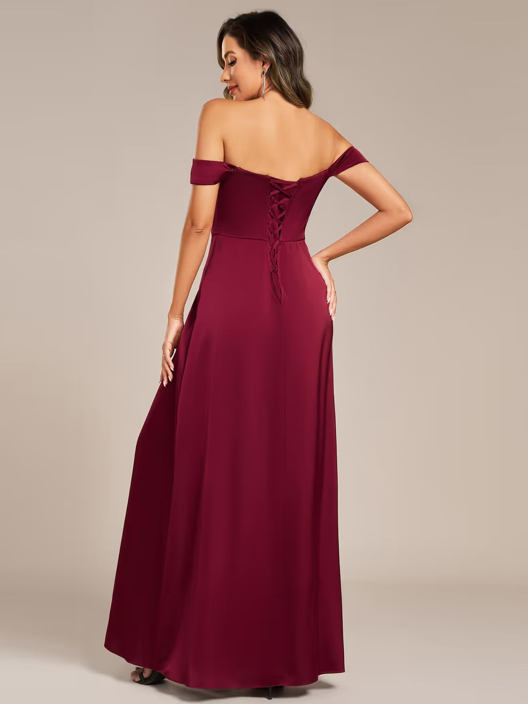 Ever Pretty Slit Empire Hight Waist Maxi Dress Women's Size XL Burgundy Satin