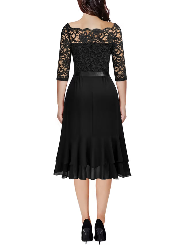 Women's Elegant Lace Chiffon Off-Shoulder Cocktail Dress – Black Large