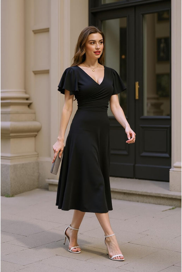Midi Wrap Dress Women's Size X-Large Black Surplice Neckline Short Sleeves