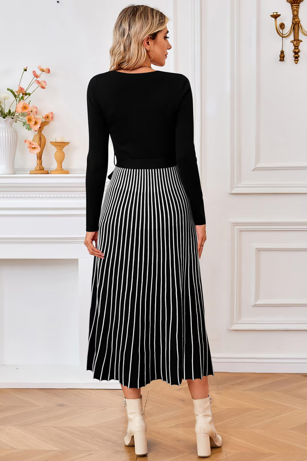 Arach&Cloz Knitted V-Neck Striped Dress Women's Size XL Black White Long Sleeve