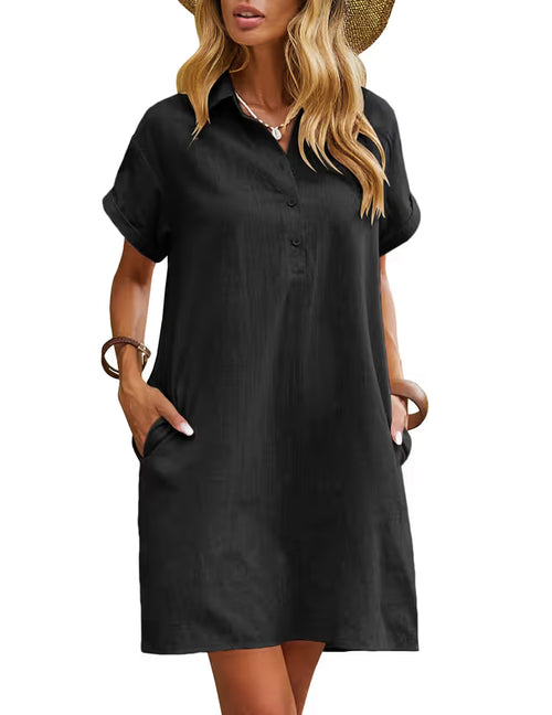Zeagoo Women's Summer Linen Dress Casual Midi Dress Short Sleeve Beach Dress Tunic Dress for Ladies Black
