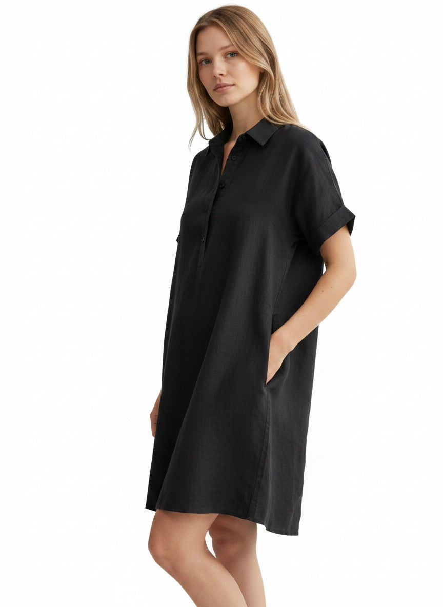 Zeagoo Women's Summer Linen Dress Casual Midi Dress Short Sleeve Beach Dress Tunic Dress for Ladies Black