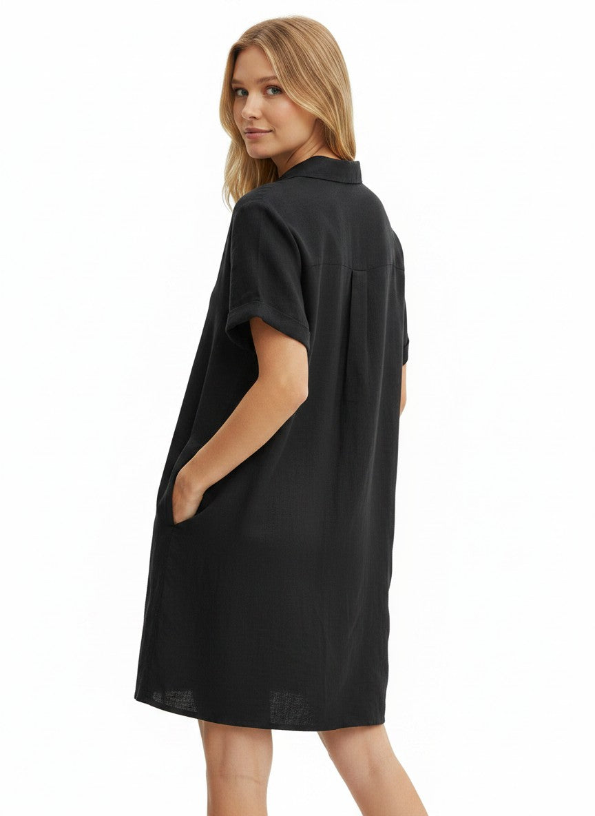 Zeagoo Women's Summer Linen Dress Casual Midi Dress Short Sleeve Beach Dress Tunic Dress for Ladies Black