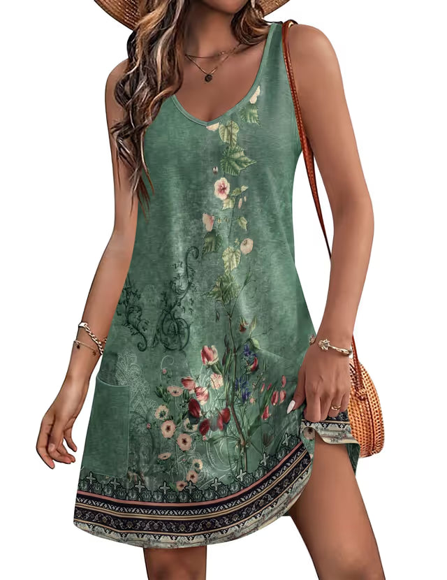 Women's V-Neck Spaghetti Strap Mini Sundress with Pockets – Green Print XXL