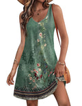 Women's V-Neck Spaghetti Strap Mini Sundress with Pockets – Green Print XXL