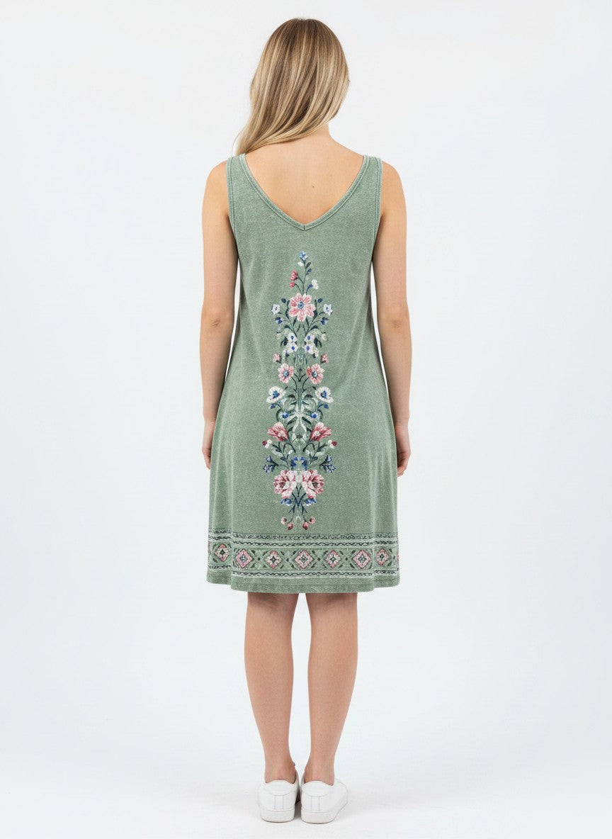 Women's V-Neck Spaghetti Strap Mini Sundress with Pockets – Green Print XXL