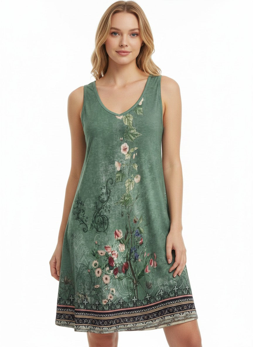 Women's V-Neck Spaghetti Strap Mini Sundress with Pockets – Green Print XXL