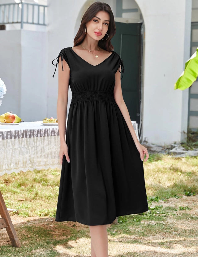 Dresstells A-Line Midi Dress Women's Size Medium Black Sleeveless Smocked Waist