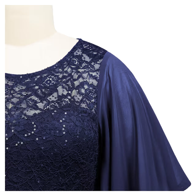 Plus Size Chiffon Sequin Lace Evening Long Dress Butterfly Sleeve – Navy 3XL