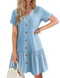HOTOUCH Women Summer Cotton Linen Dress Button Down Dress V-Neck Ruffle Hem Casual Dress Short Sleeve Beach Dress Light Blue M