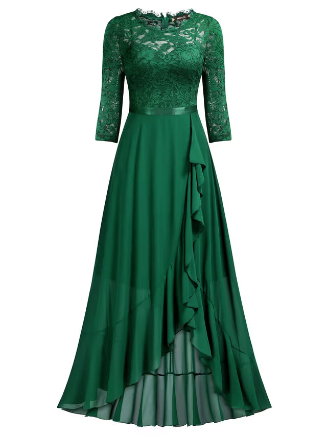 Women's Scoop Neck Floral Lace Maxi Formal Wedding Dress – Dark Green XXL