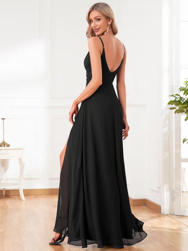 Ever-Pretty A-line Spaghetti Strap Chiffon Prom Dress with Slit – Black UK10