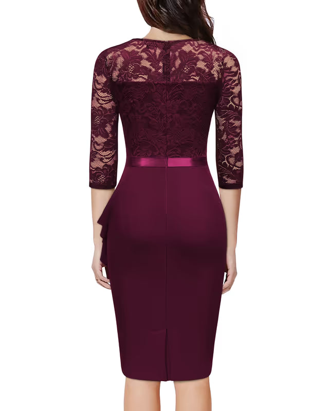 Women's Vintage Lace V-Neck 3/4 Sleeve Bodycon Cocktail Dress Formal Wedding Guest – Wine L