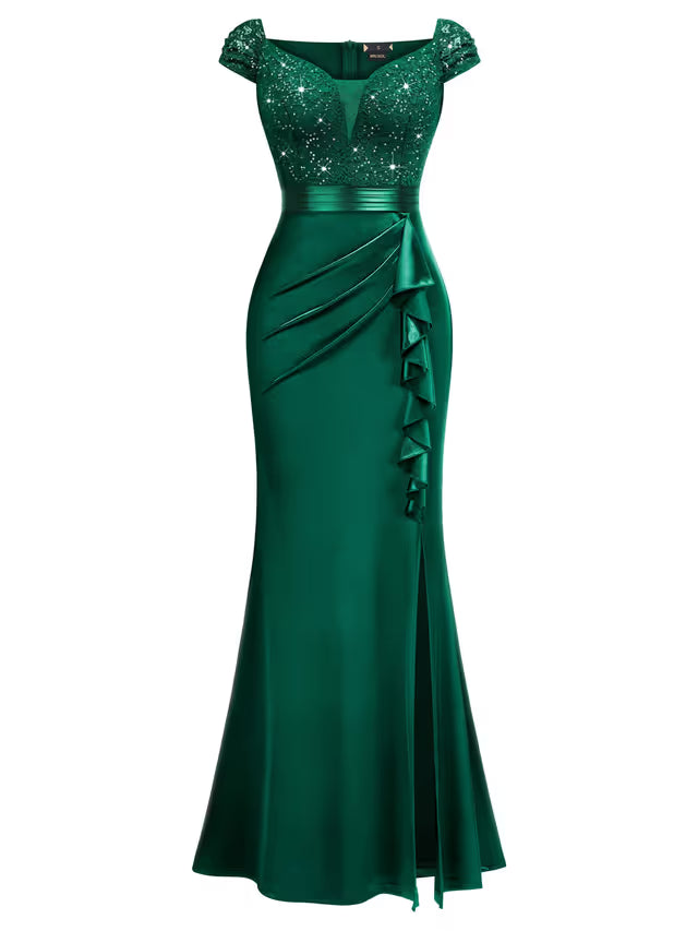 Women's Fishtail Prom Maxi Dress Floral Lace Sequin Cap Sleeves – Dark Green S