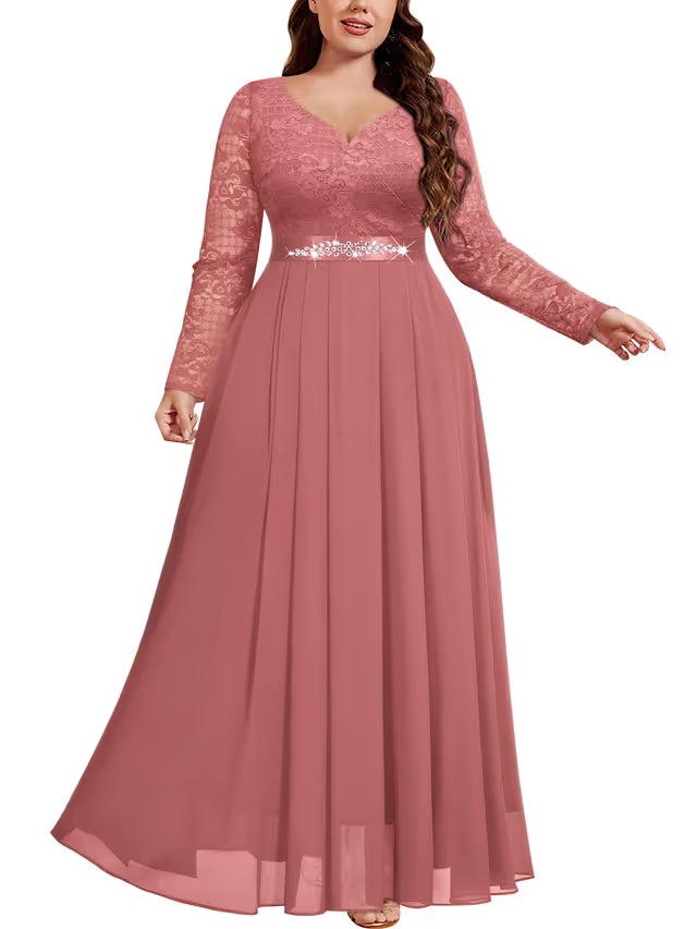 Plus-Size Floral Lace Chiffon Lantern Sleeve Rhinestone Waist Maxi Dress Formal – Dusty Pink 3XL