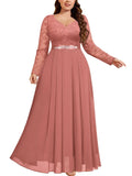 Plus-Size Floral Lace Chiffon Lantern Sleeve Rhinestone Waist Maxi Dress Formal – Dusty Pink 3XL