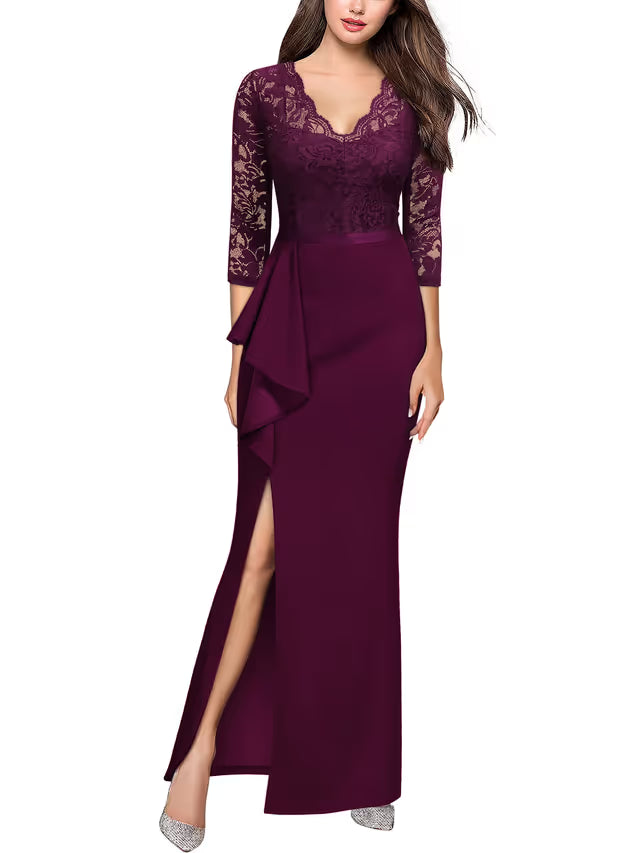 MISSMAY Women's Vintage Floral Lace Ruffle Evening Dress – Burgundy Large