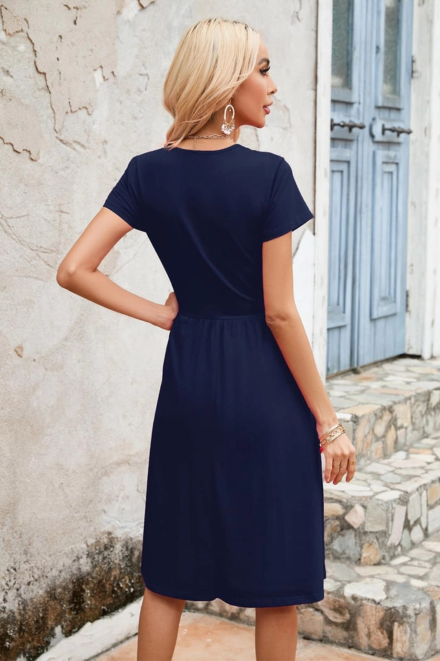 Votepretty Midi Wrap Dress Women Size Small Navy Short Sleeves V-Neck w/ Pockets