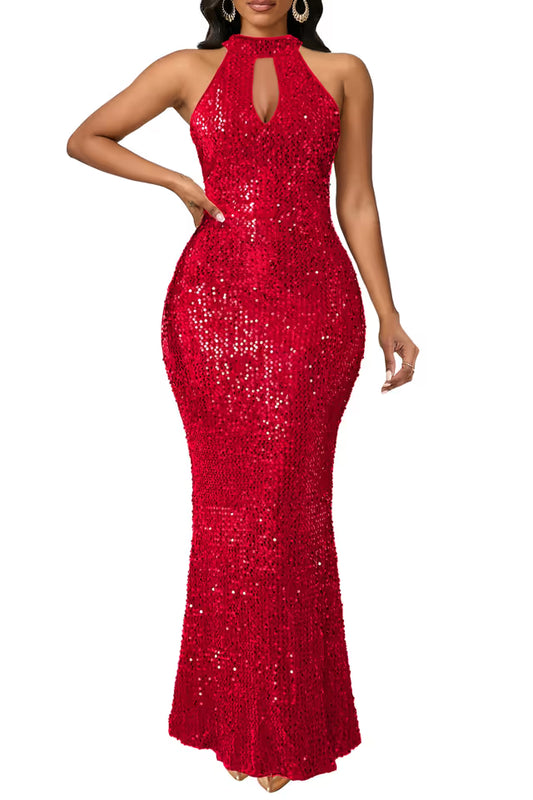 Party Sequin Maxi Dress Halter Neck Bodycon Mermaid – Red XL