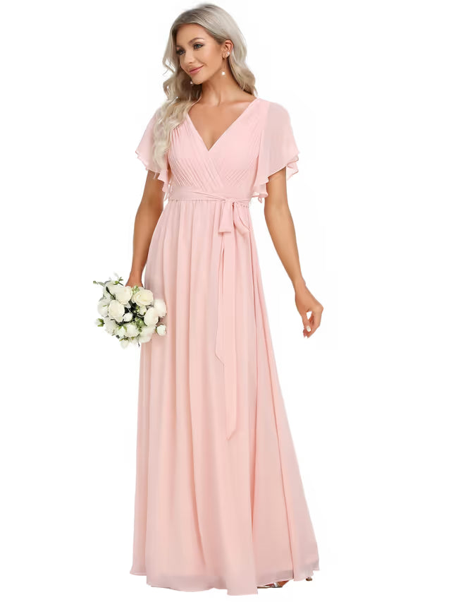 Ever-Pretty V-Neck Chiffon Prom Dress Ruffle Sleeves Plus Size – Pink 24UK