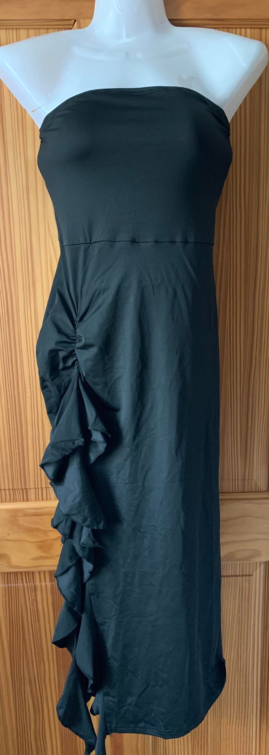 Women's Ruched Asymmetrical Ruffle Trim Dress – Black Large