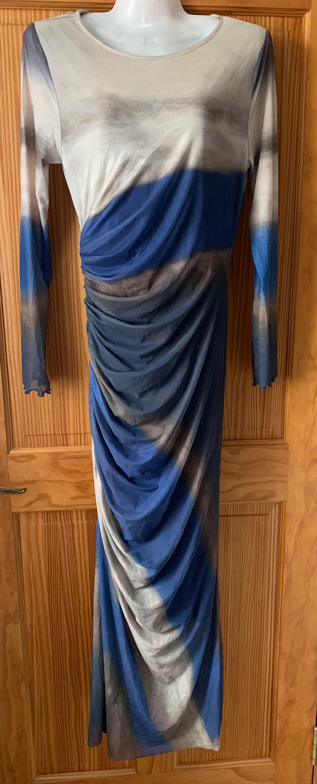 Petite Women's Tie Dye Crewneck Long Sleeve Dress – Royal Blue Large