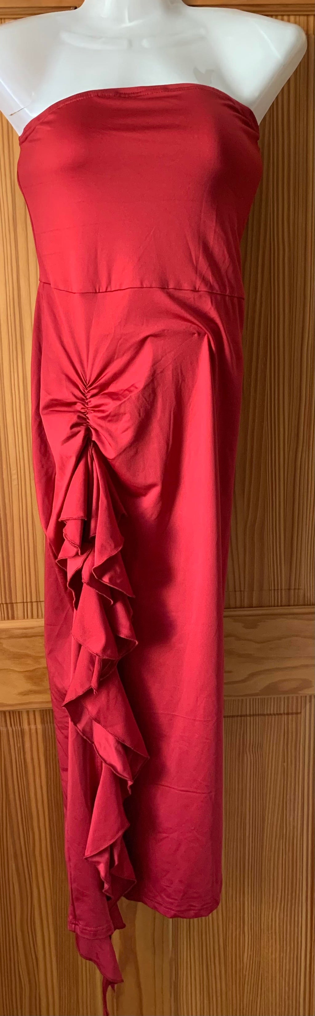 Ruffle Trim Asymmetrical Tube Dress Strapless Bodycon Cocktail Maxi – Red Large