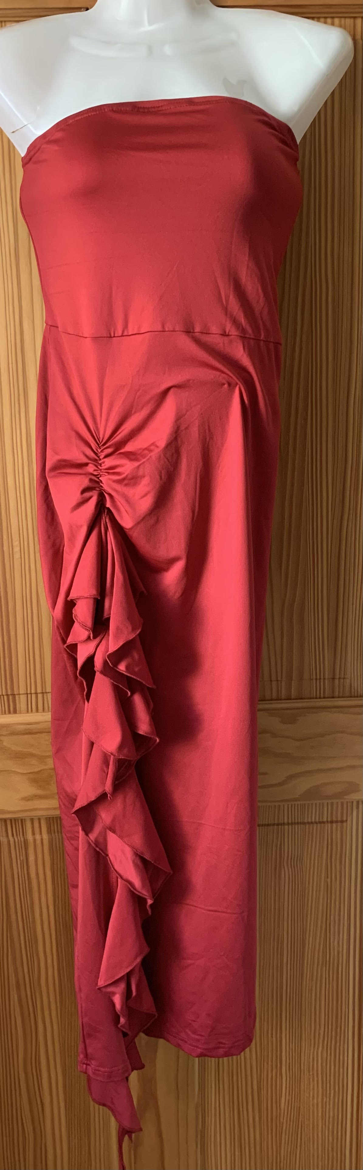 Ruffle Trim Asymmetrical Tube Dress Strapless Bodycon Cocktail Maxi – Red Large