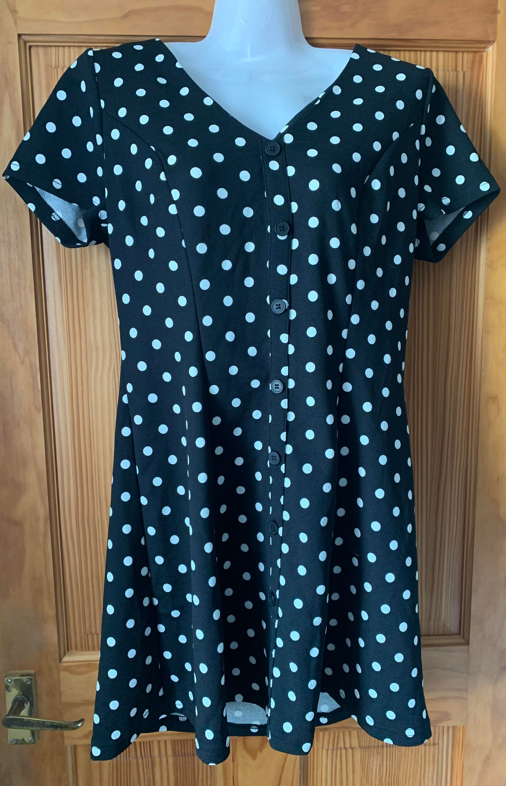 Women's Polka Dot V Neck A-Line Flared Dress Button Front Short Sleeve Mini – Black L