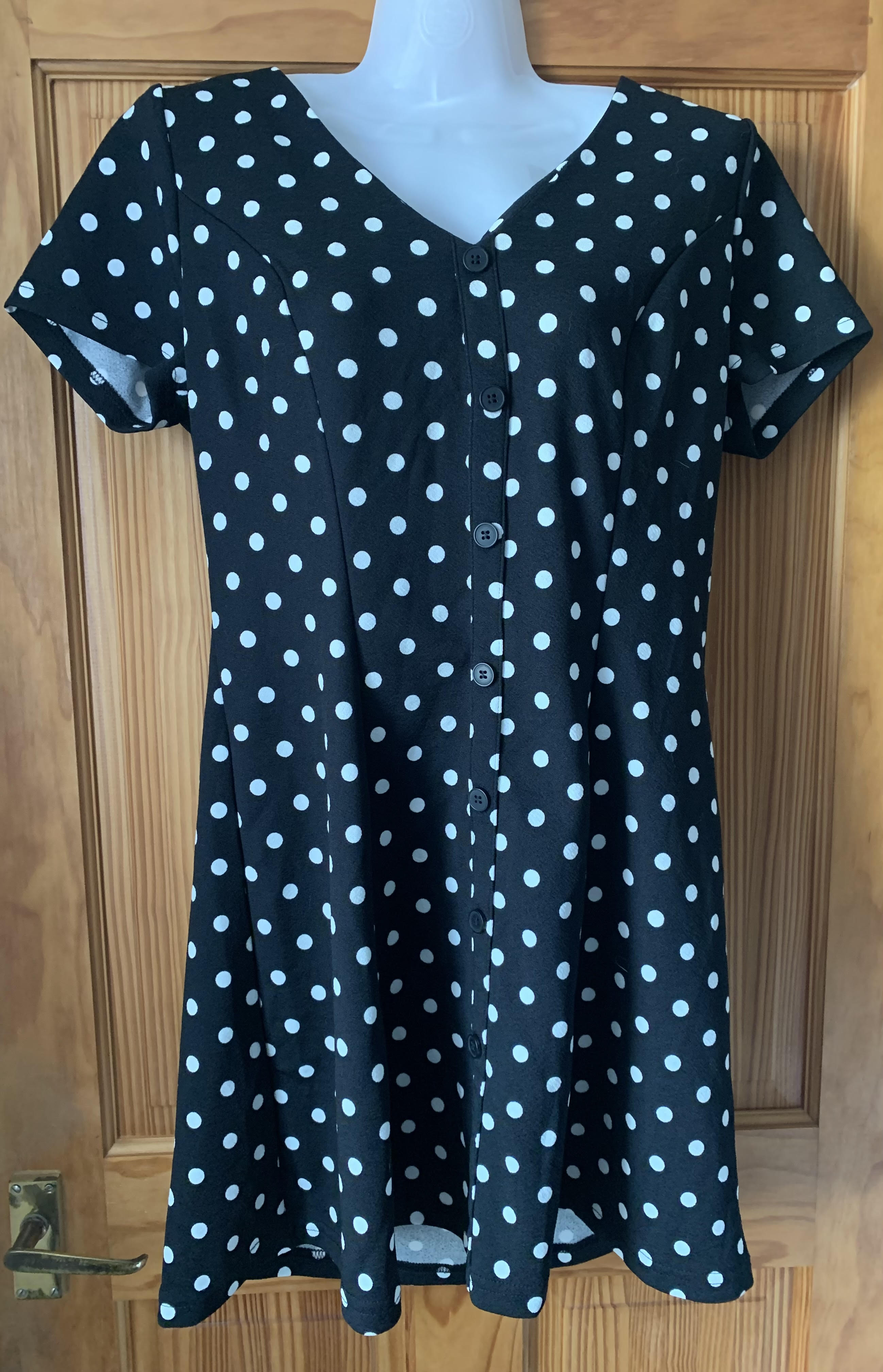 Women's Polka Dot V Neck A-Line Flared Dress Button Front Short Sleeve Mini – Black L