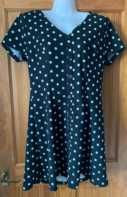 Women's Polka Dot V Neck A-Line Flared Dress Button Front Short Sleeve Mini – Black L