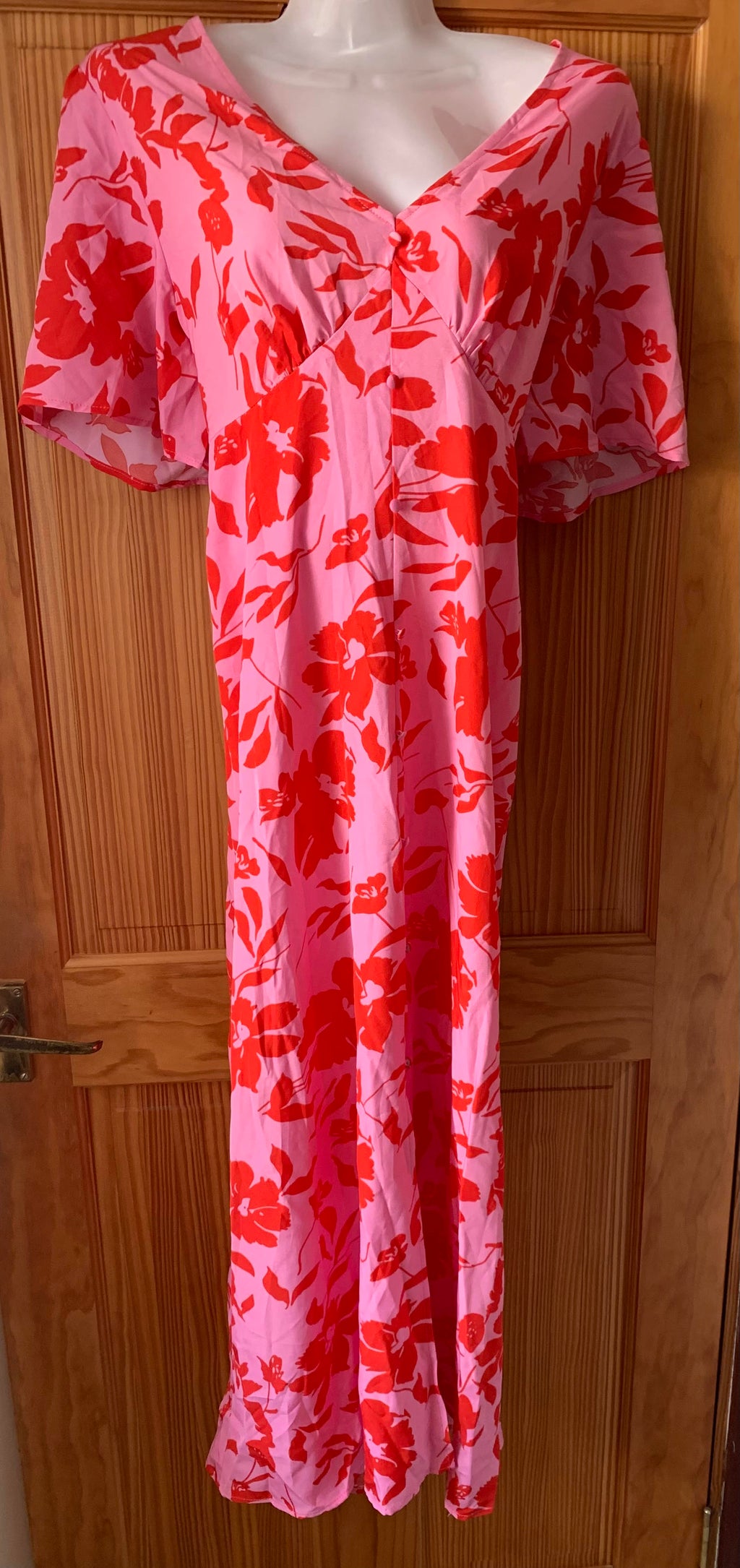 GORGLITTER Women's Floral A-Line Midi Dress V Neck Short Sleeve Split Thigh – Pink X-Large