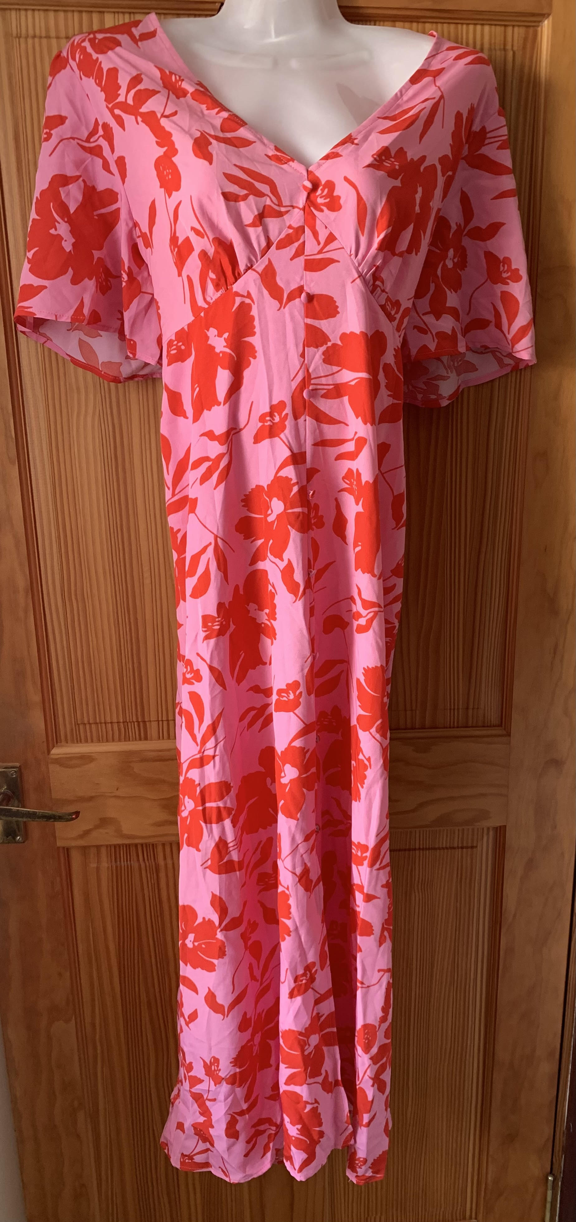 GORGLITTER Women's Floral A-Line Midi Dress V Neck Short Sleeve Split Thigh – Pink X-Large