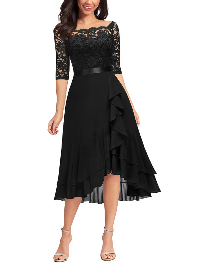 Women's Elegant Lace Chiffon Off-Shoulder Cocktail Dress – Black Large