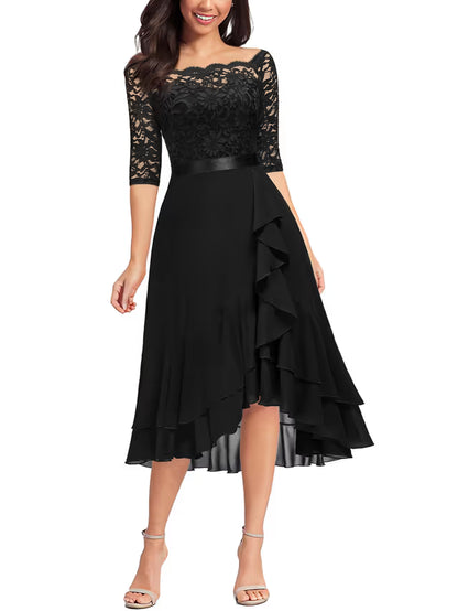 Women's Elegant Lace Chiffon Off-Shoulder Cocktail Dress – Black Large
