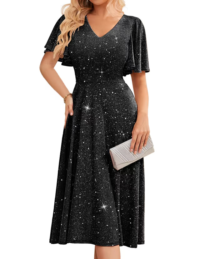 Bridesmay Sequin Midi Cocktail Dress Sparkly Party Bridesmaid – Black 2XL