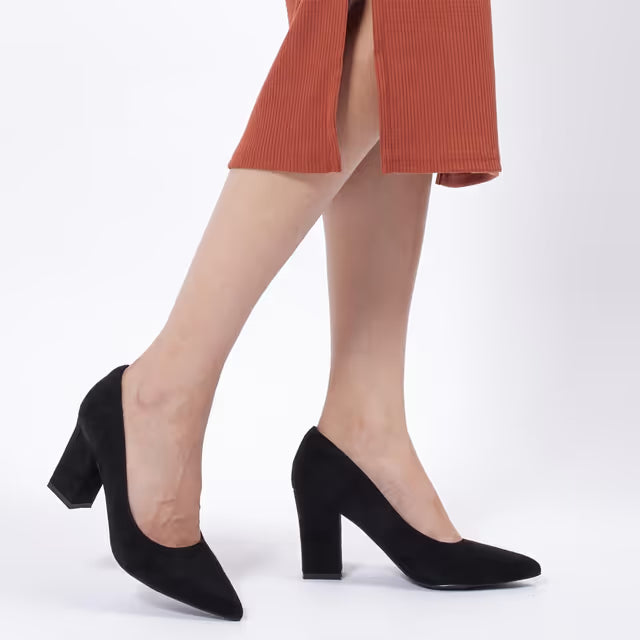 Zhabtuc Court Shoes for Women Chunky Heels Elegant Pointy Toe Block High Heels Suede 8CM Closed Toe Office Work Shoes Slip-on Wedding Heeled Shoes Black, 5.5UK
