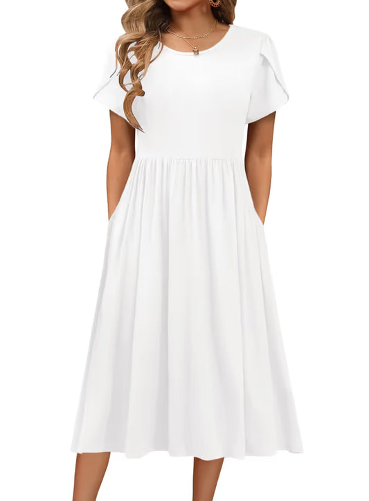 HOTOUCH Women's Elegant Tunic Dress, Round Neck, Casual Ladies Dresses, Midi, Short Sleeve, Puff A Line, Classic Midi Dress with Pockets, Maxi Party, White, M
