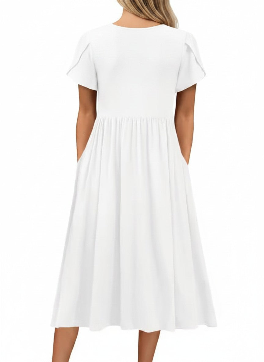 HOTOUCH Women's Elegant Tunic Dress, Round Neck, Casual Ladies Dresses, Midi, Short Sleeve, Puff A Line, Classic Midi Dress with Pockets, Maxi Party, White, M