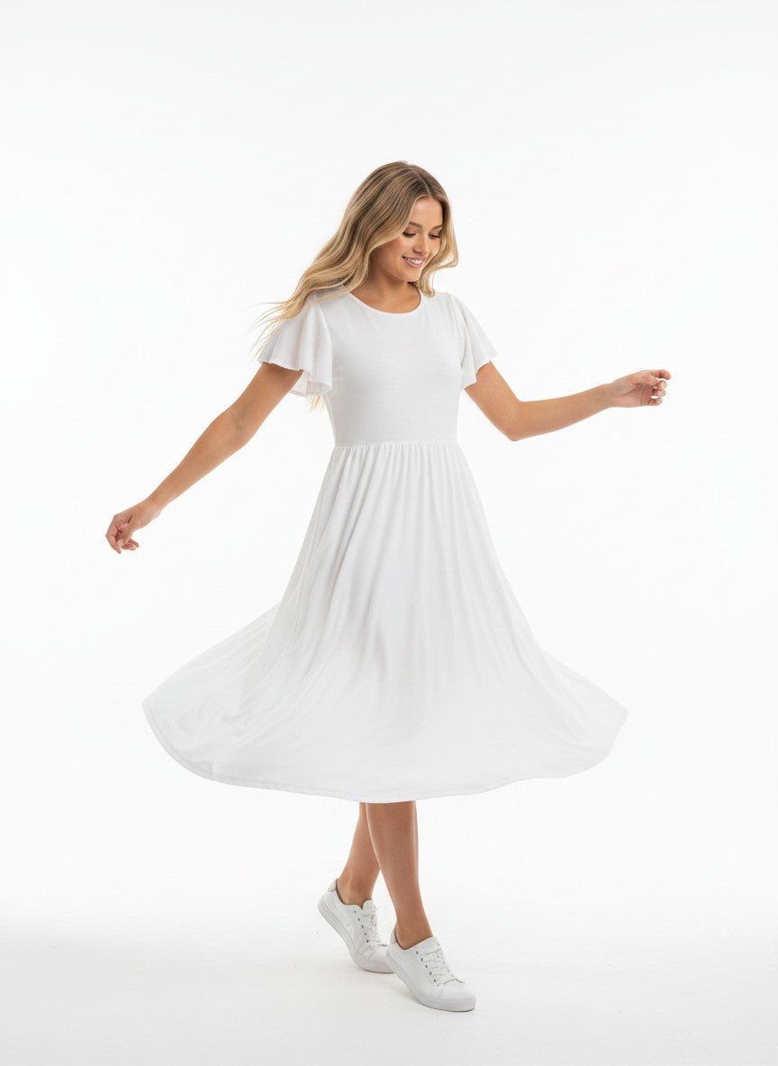 HOTOUCH Women's Elegant Tunic Dress, Round Neck, Casual Ladies Dresses, Midi, Short Sleeve, Puff A Line, Classic Midi Dress with Pockets, Maxi Party, White, M