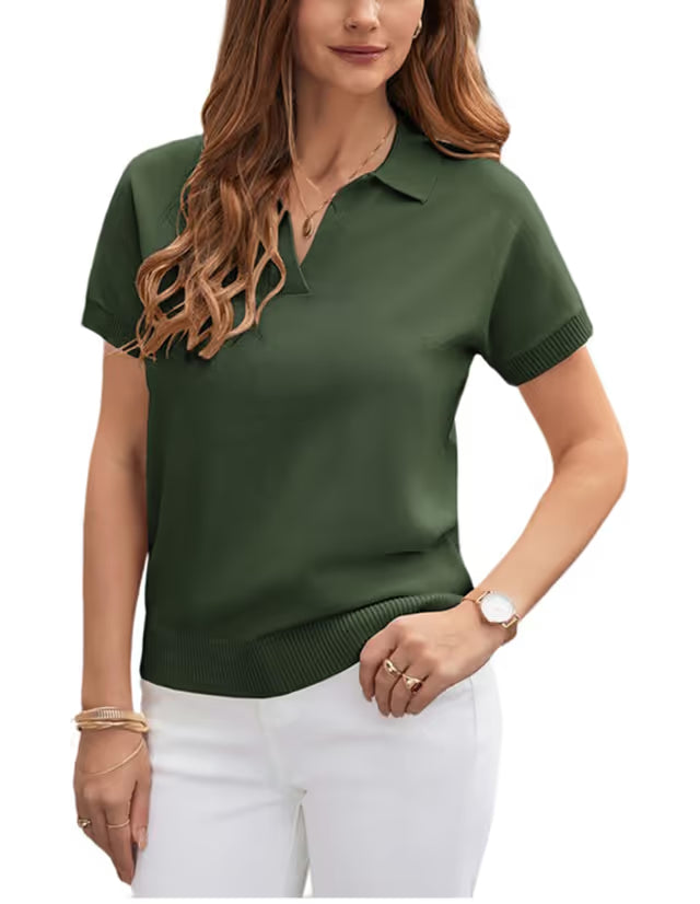 Women’s Short Sleeve V-Neck Polo Knit Jumper – Dark Green XXL